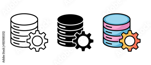 Database icon with gear symbol, representing data management, storage optimization, and system configuration in technology and it services.