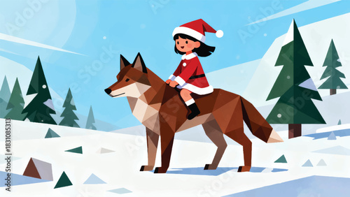 Illustration Of A Little Girl In A Santa Costume Riding A Wolf During Winter Vector Design Template