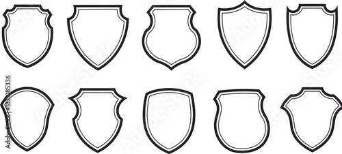 Outline shield shapes collection: diverse vector designs symbolizing protection, security, badges, and emblems Vector