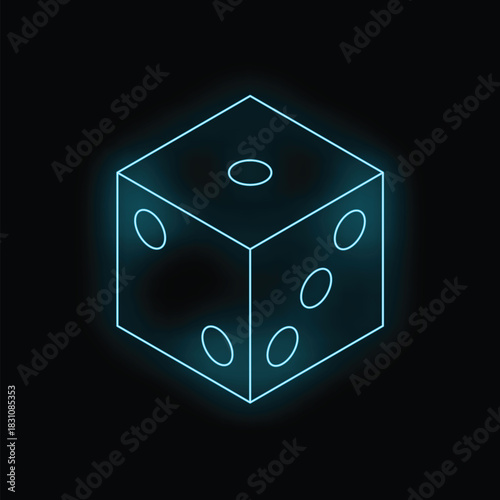 Blue neon dice is glowing on a black background showing the number five
