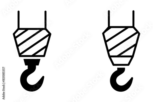 Two distinct crane hook icons, one with a safety latch and the other without, presented side-by-side on a white background, symbolizing lifting, construction, and industrial machinery operations.