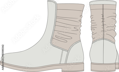 Boot, vector, illustration, sketch, outline, fashion, gear, durable, ergonomic, structured, silhouette, layout, equipment, design, protection, accessory, ankle, ruched, heel, seam, footwear