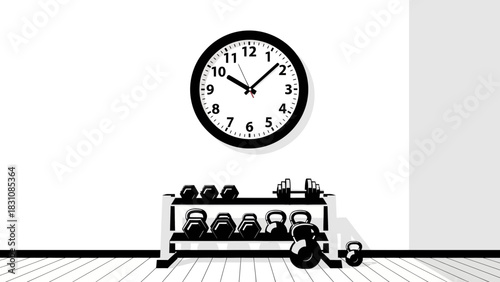 Modern home gym featuring kettlebells, dumbbells, and a sleek clock, perfect for fitness motivation and tracking workout time in a minimalist space