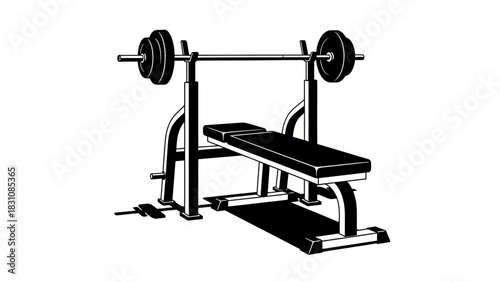 Powerlifting bench press workout equipment for strength training, weightlifting and muscle building in a modern gym, originally created as scalable vector art