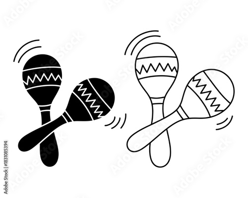 Pair of maracas, one black silhouette and one outline, depicted with motion lines indicating sound and rhythm, isolated on a white background for festive use.