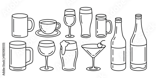 Illustration of various drinkware including mugs glasses and bottles in line art