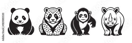 Four black and white animal illustrations including panda gorilla and rhino in a row on white background