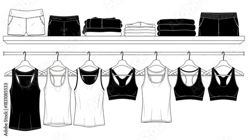 Trendy athletic apparel illustration, showcasing sportswear, activewear, and fitness clothing, perfect for fashion design, style guides, and retail catalogs