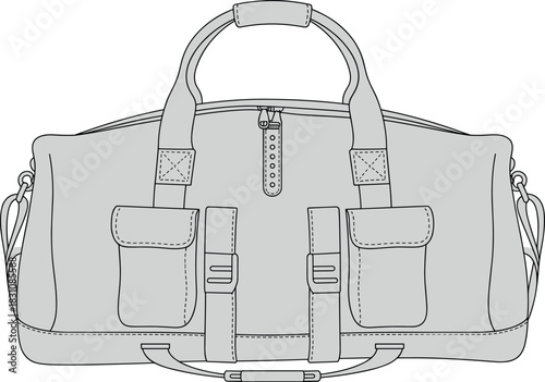Duffel, bag, vector, illustration, sketch, outline, fashion, gear, durable, ergonomic, structured, silhouette, layout, equipment, design, zipper, protection, accessory, buckle, pocket, handle