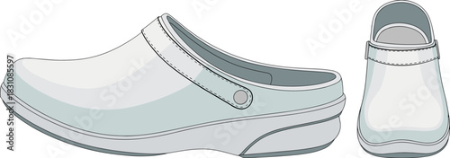 Clog, shoe, vector, illustration, sketch, outline, fashion, gear, durable, ergonomic, structured, silhouette, layout, equipment, design, protection, accessory, strap, sole, stitched, upper