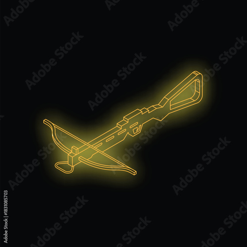 Golden crossbow glowing on a black background, rendered in isometric view