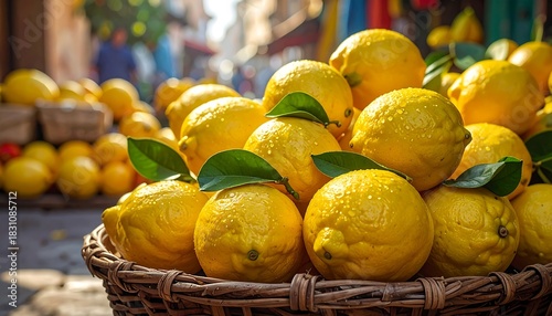 Fototapeta Naklejka Na Ścianę i Meble -  Vivid lemons in a woven basket, glistening with water droplets, market street scene blurred in the backdrop