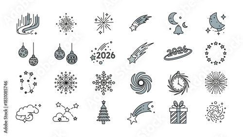 Festive Icon Collection: A meticulously crafted assortment of holiday-themed icons, featuring a variety of symbolic imagery associated with celebration, festivity, and seasonal joy. 