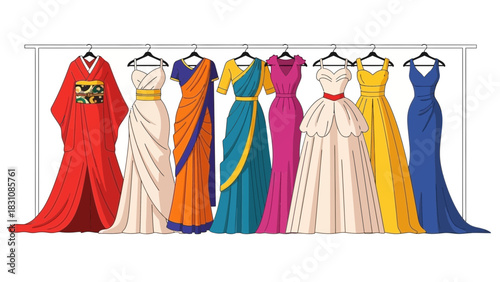 Elegant dresses showcase global fashion trends, perfect for boutiques, designers, or cultural events, displaying style and sophistication with vibrant colors