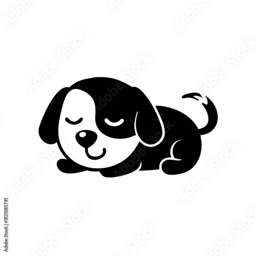 A cute cartoon puppy, black and white, is sleeping peacefully with its eyes closed and tail curled.