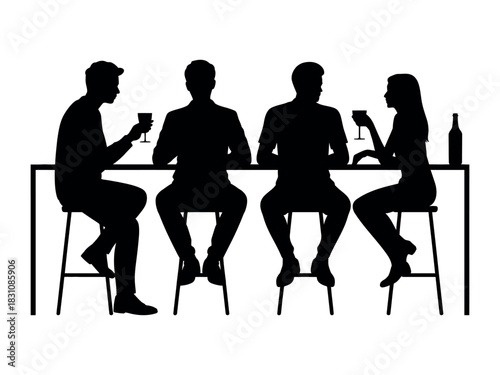 Silhouette of four people at a bar with drinks and a bottle on the table