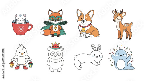 Adorable Animal Ensemble: An enchanting array of cute animals, each with its unique charm, creates a delightful illustration, ideal for children's designs, greeting cards, and playful projects.