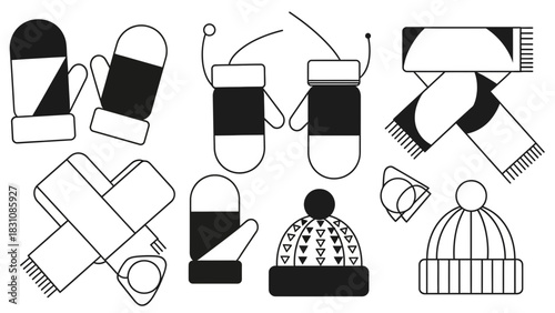 Winter warmth accessories collection, stylish monochrome hats, mittens, and scarves for cozy seasonal fashion and holiday designs originally a scalable vector graphic