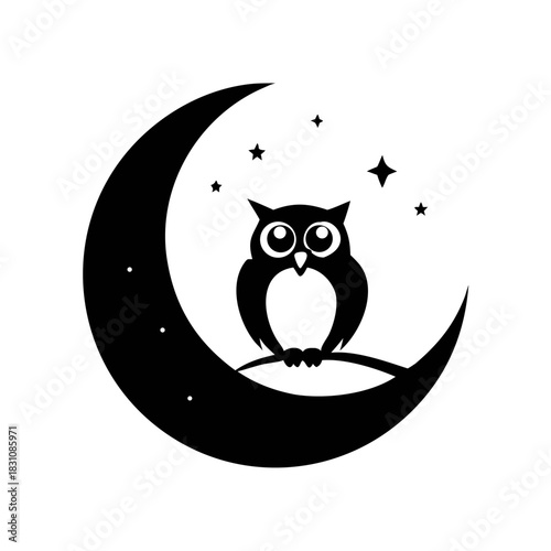 A stylized black and white illustration of an owl perched on a crescent moon, with stars scattered around it.