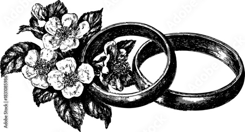 Vintage engraving of engagement rings with flowers. This classic black-and-white vector illustration showcases floral details in a set.