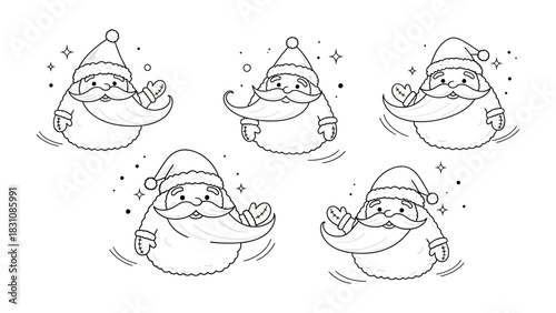 Holiday Cheer Line Art: Playful line art showcases five jovial figures, each a delightful Santa Claus in a festive gesture, perfect for spreading holiday cheer. 