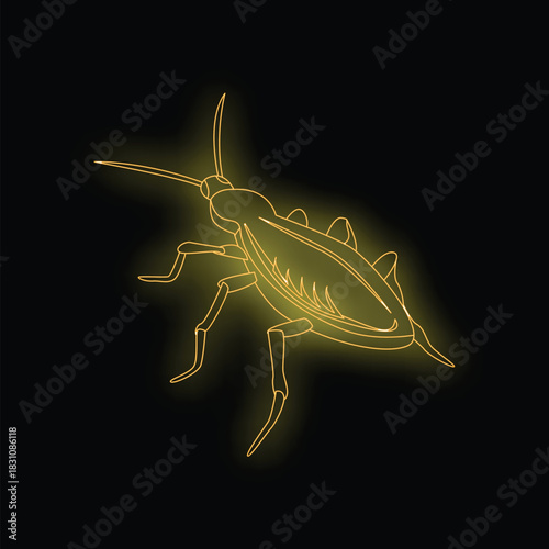 Neon style cockroach glowing on a black background