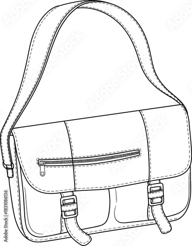 Satchel, bag, vector, illustration, sketch, outline, fashion, gear, durable, ergonomic, structured, silhouette, layout, equipment, design, zipper, protection, accessory, buckle, shoulder, strap