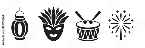 Four black and white icons depicting a lantern, mask, drum with sticks, and a firework illustration