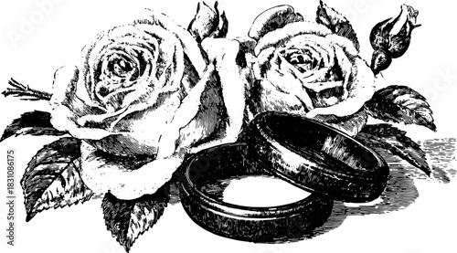 Engraving illustration of roses and wedding rings. Vintage line drawing set in black and white, suitable for romantic or floral designs vector.