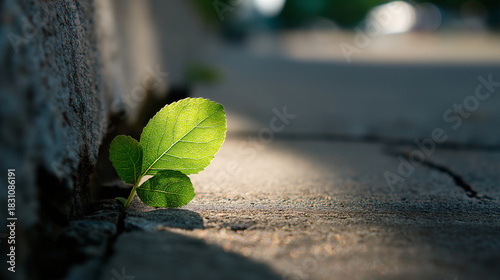 Fototapeta Naklejka Na Ścianę i Meble -  Green leaf cracked concrete sunlight growth resilience nature urban hope plant outdoors. single green leaf emerges from cracked concrete wall illuminated by sunlight symbolizing resilience