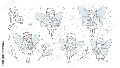 Whimsical Faeries: A collection of cute, hand-drawn faeries with delicate wings, enchanting the scene with their charm and elegance.
