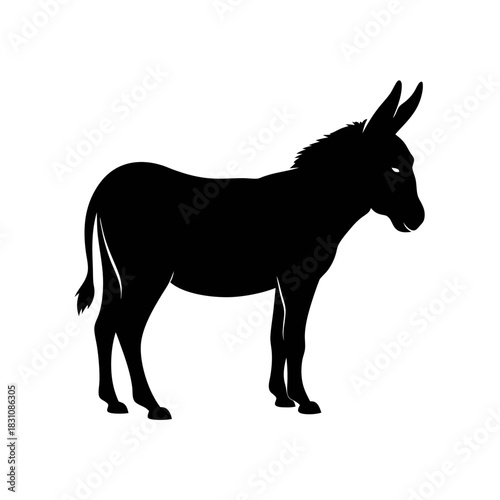 Silhouette of a donkey standing in profile, facing right, with its ears perked up against a plain, white background.