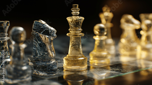 Crystal glass chess board with clear and dark chess pieces, close up, elegant and dramatic lighting, strategy and competition concept, luxury and sophistication