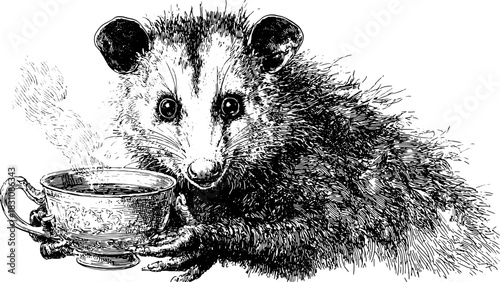Opossum vintage engraving illustration. A detailed black and white graphic of a furry creature holding a cup with smoke, styled as a vector set.