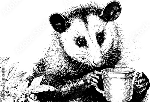 Opossum illustrated in vintage engraving style. Detailed outline art featuring a cute animal holding a coffee mug in a vector illustration set.