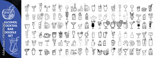Alcohol cocktail bar doodle set, vector hand drawn beverages party illustration, champagne glasses. Waiter arm with tray, bartender preparing drinks, gin bottle menu line icon. Cocktail big  set .