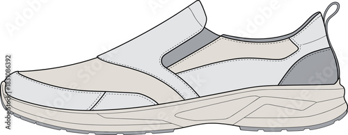 Slip-on, shoe, vector, illustration, sketch, outline, fashion, gear, durable, ergonomic, structured, silhouette, layout, equipment, design, comfort, protection, accessory, casual, tread, pull-tab