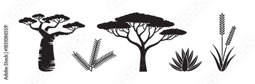 A collection of stylized black and white vector drawings of trees and plants on a white background