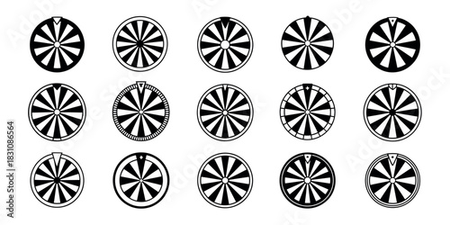 A collection of fifteen black and white circular wheels with radial patterns design