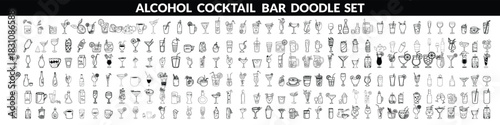 Alcohol cocktail bar doodle set, vector hand drawn beverages party illustration, champagne glasses. Waiter arm with tray, bartender preparing drinks, gin bottle menu line icon. Cocktail big  set .