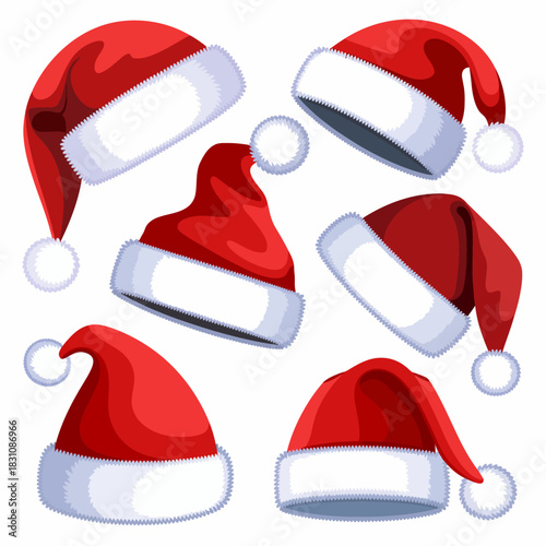 Red Santa Hat Vector with Fluffy White Trim