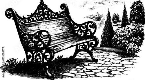 Vintage bench in a garden setting. Detailed black illustration presented as a vector illustration, showcasing a sculpted design in an outdoor environment.