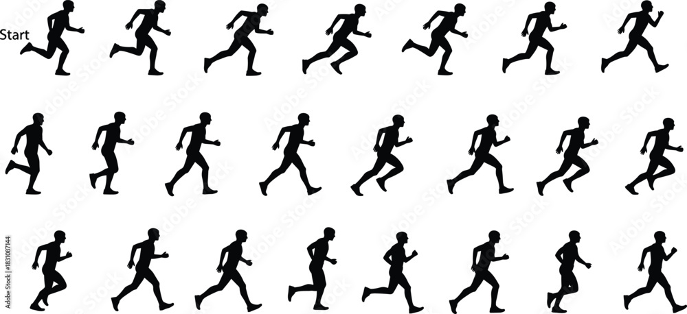 Naklejka premium Athlete Running Cycle Sprite Sheet Animation Frames Silhouettes Vector Illustration, Isolated Black Male Runner Character Motion Graphics Digital Game Asset, Stride Poses Loopable Sequence
