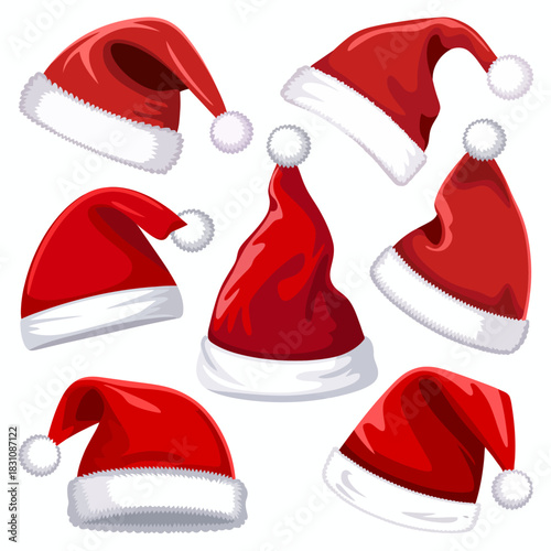 Red Santa Hat Vector with Fluffy White Trim