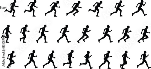 Athlete Running Cycle Sprite Sheet Animation Frames Silhouettes Vector Illustration, Isolated Black Male Runner Character Motion Graphics Digital Game Asset, Stride Poses Loopable Sequence