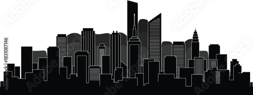 Black and white vector illustration skyline silhouette of a modern metropolitan city with tall buildings against a clear or cloudy sky, architectural design concept, urban landscape.