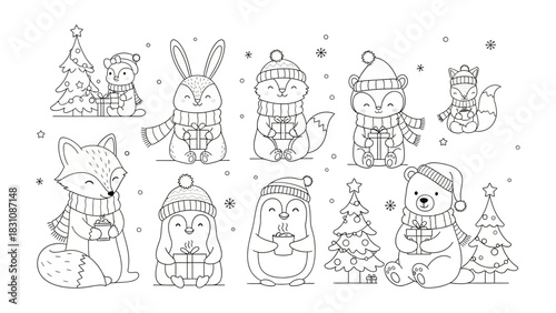 Festive Animal Coloring: Delightful holiday themed illustrations featuring a collection of adorable animals adorned with festive accessories.