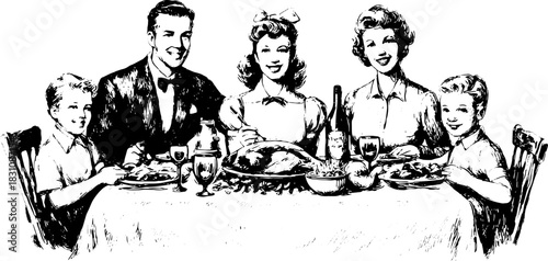 Vintage family dinner scene in black and white outline art. This vector illustration shows a gathering around a table filled with food.