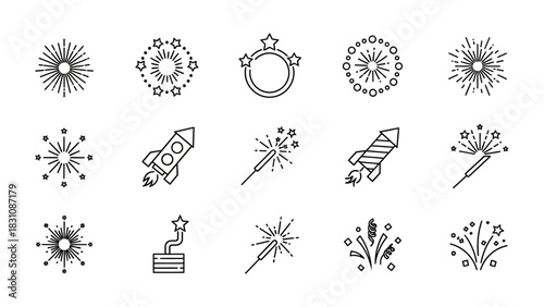 Festive Firework Array: An artistic assortment of elegant, vector illustrations of fireworks, showcasing dazzling displays of pyrotechnic artistry for celebrations. 