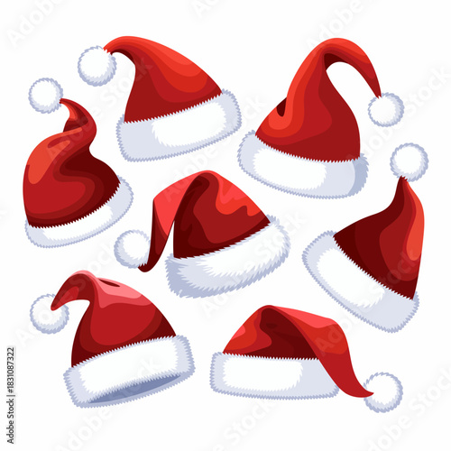 Red Santa Hat Vector with Fluffy White Trim